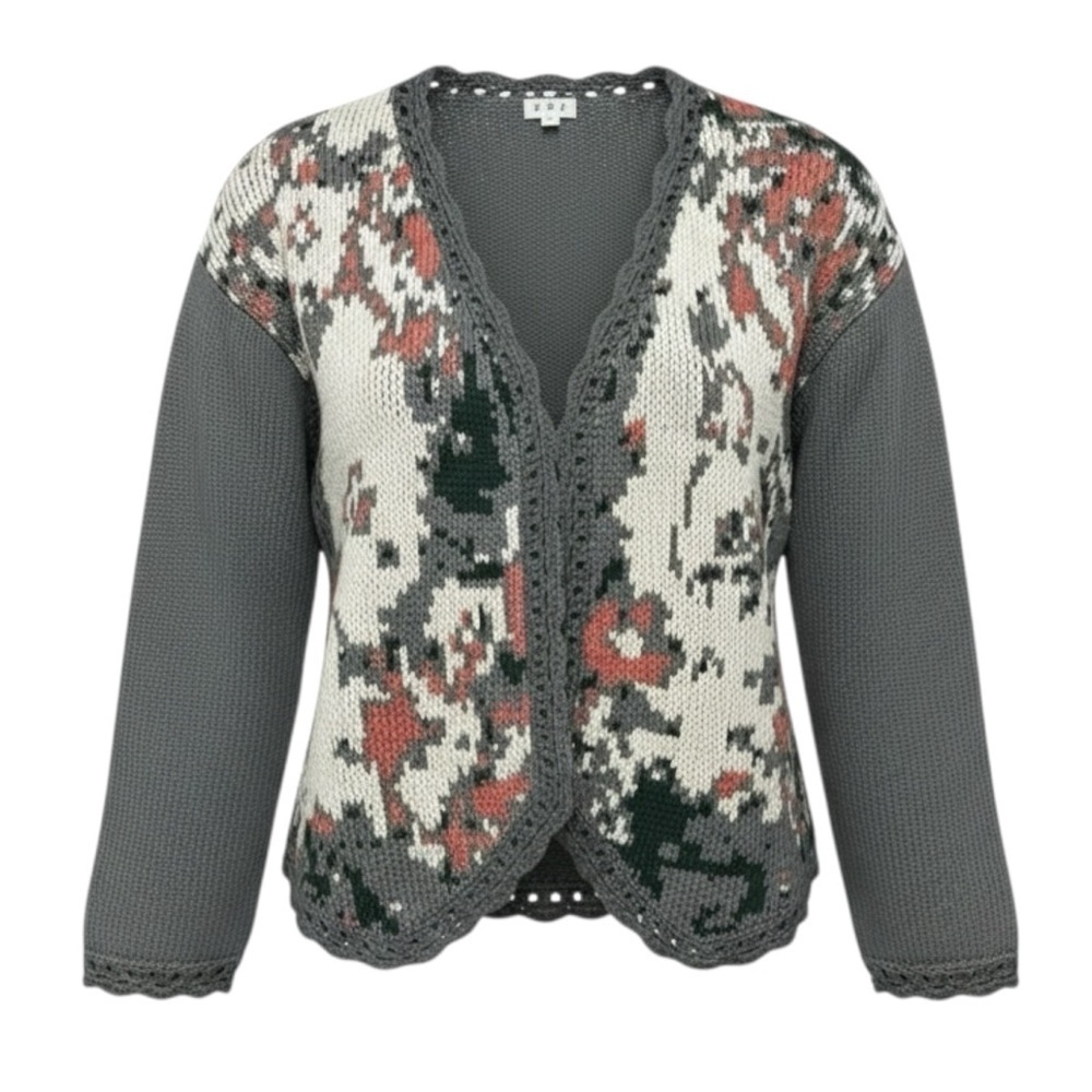 POL Women's Open Front Cardigan Gray One Size Oversized Abstract Boho Grandma